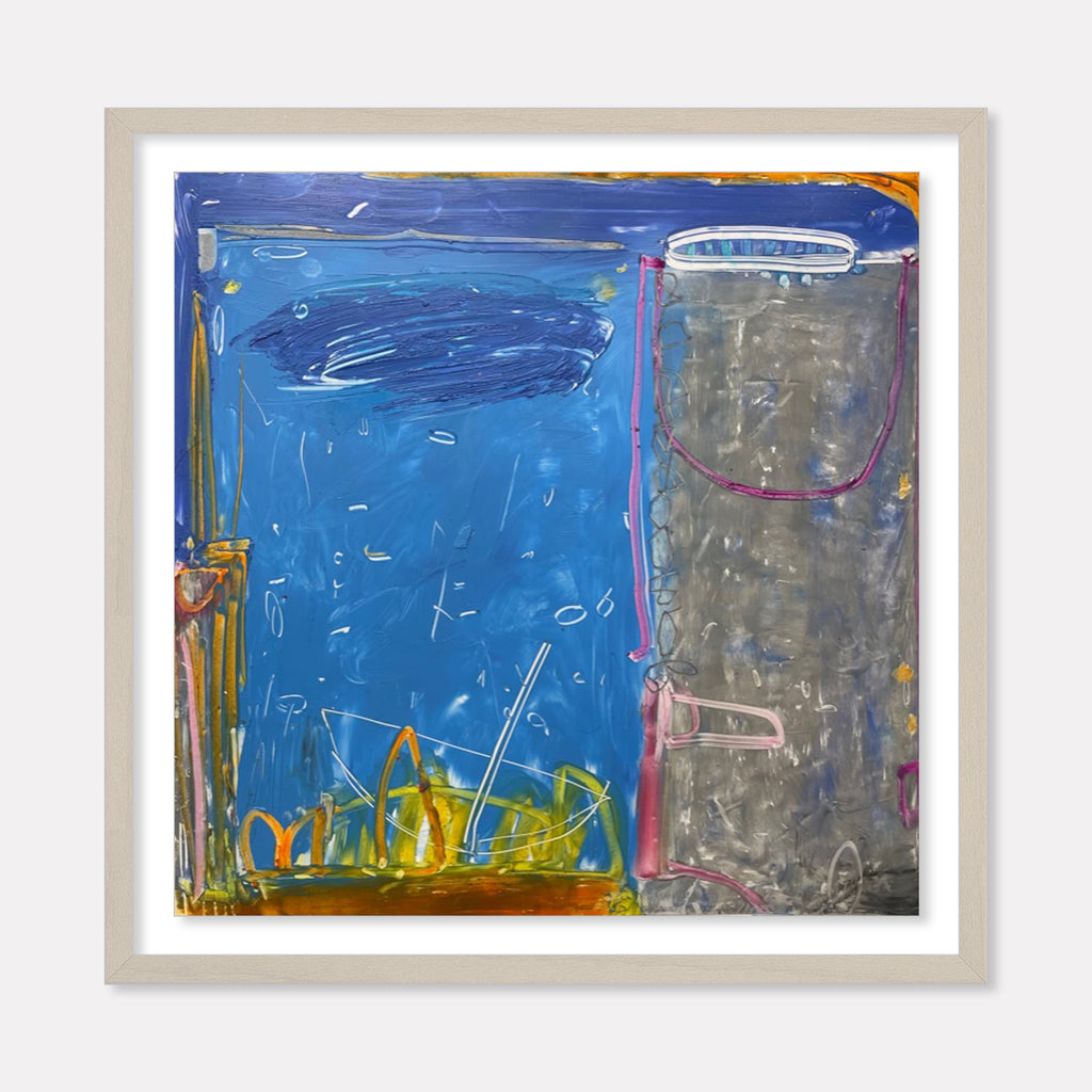 The artwork 'LS no. 7' by Janice La Motta features an abstract composition divided into vibrant sections: a dominant azure blue field with gestural marks, a contrasting gray rectangular panel outlined in magenta, and energetic yellow linear elements at the bottom. Created with oil pastel on Yupo paper, the piece showcases expressive brushwork and dynamic color interplay.
