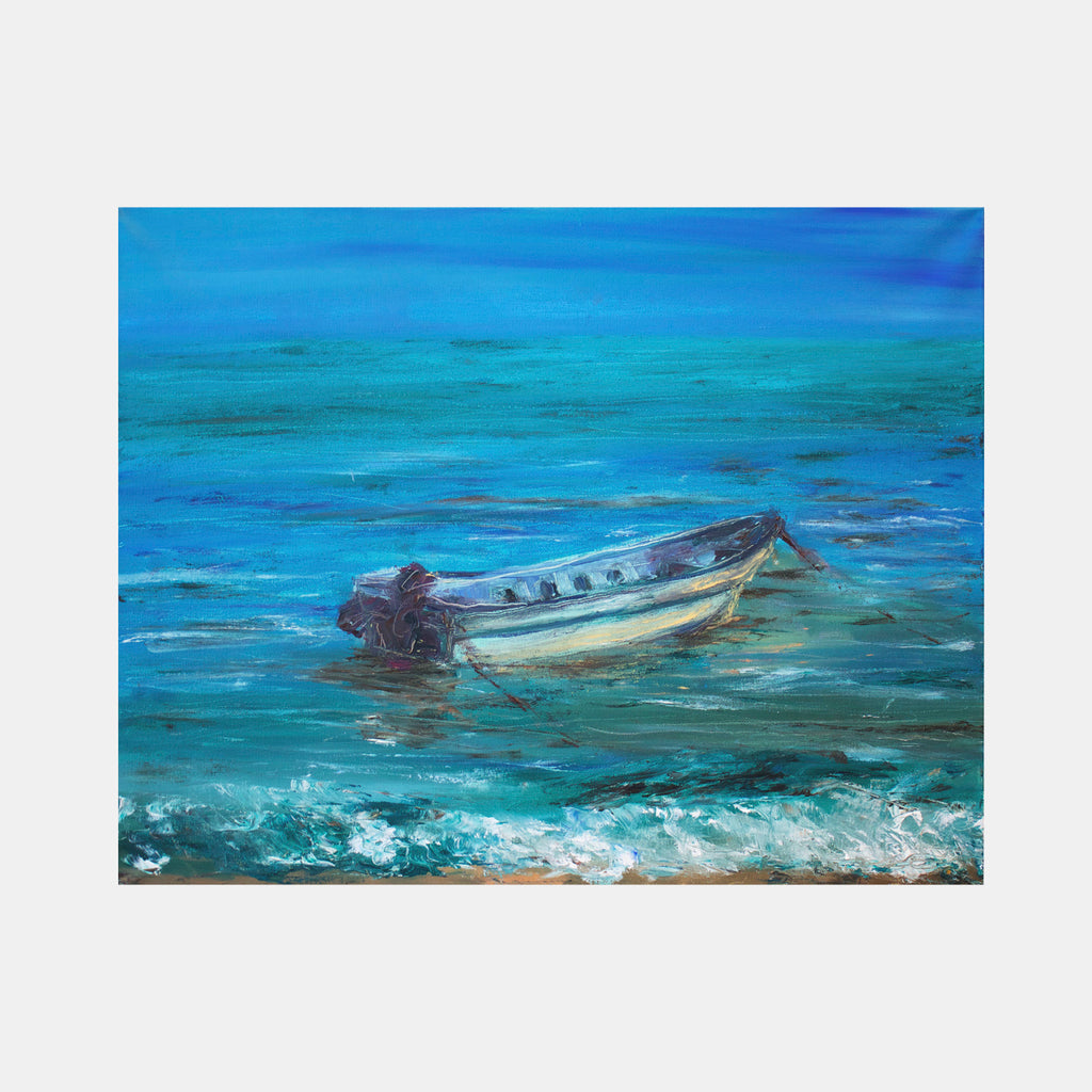 The artwork 'La Barca' by Jadie Meprivert depicts a solitary fishing boat floating on vibrant turquoise waters. The oil painting captures the boat's weathered white and blue hull with outboard motor against dramatic ocean waves. Rich aqua and cerulean tones dominate the seascape, creating a sense of Caribbean maritime atmosphere within the 20x24 inch canvas.