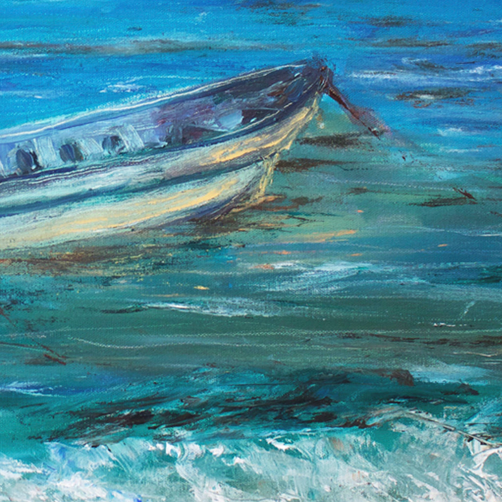 The artwork 'La Barca' by Jadie Meprivert depicts a wooden boat floating on turquoise-blue waters. The boat's weathered hull features cream and gray tones, with detailed brushstrokes creating texture. Vibrant aqua waves and white foam surround the vessel, painted in expressive oil strokes that capture the ocean's movement. The composition demonstrates an impressionistic style against a dynamic seascape background.