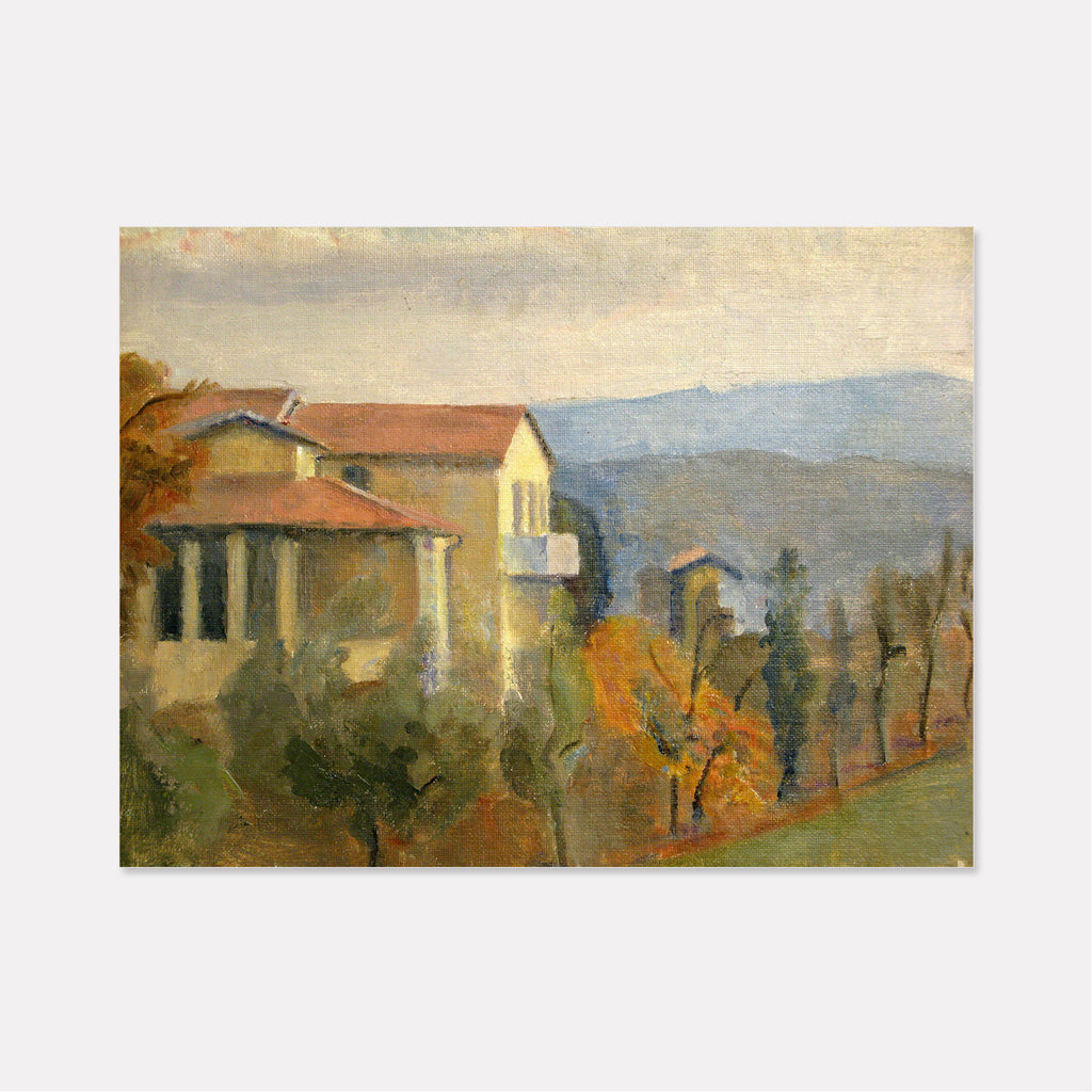 The artwork 'La Casa Gialla' by Peter Colquhoun depicts a serene Tuscan landscape featuring a prominent yellow house with terracotta roofs nestled among autumn trees. The oil painting captures distant blue mountains, warm golden light, and Mediterranean architectural elements, rendered in loose impressionistic brushstrokes on canvas board, measuring 9x12 inches.