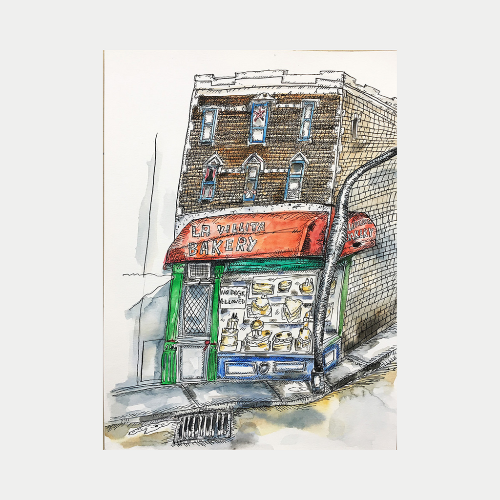 The artwork 'La Villita Bakery' by Andrew Chan depicts a charming street-corner bakery storefront with a distinctive red awning, watercolor and ink illustration capturing a traditional brick building with multiple windows. Green doorframe accents complement the storefront, while a display case shows baked goods beneath the vibrant awning. Delicate architectural details and urban elements blend in a loose, sketchy style.
