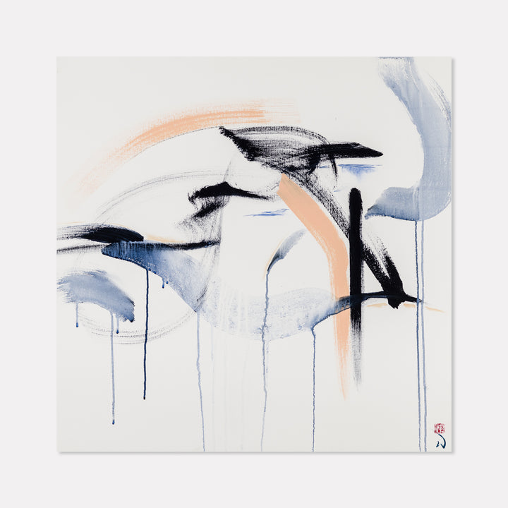 The artwork 'Land of Fire and Ice' by W Lu features dynamic abstract brushstrokes in black, peach, and ice blue on white canvas. Bold gestural marks create a sense of movement, with dramatic drips and fluid strokes suggesting a minimalist landscape. The composition balances strong angular elements with soft watercolor-like washes in a contemporary expressionist style. By W Lu.