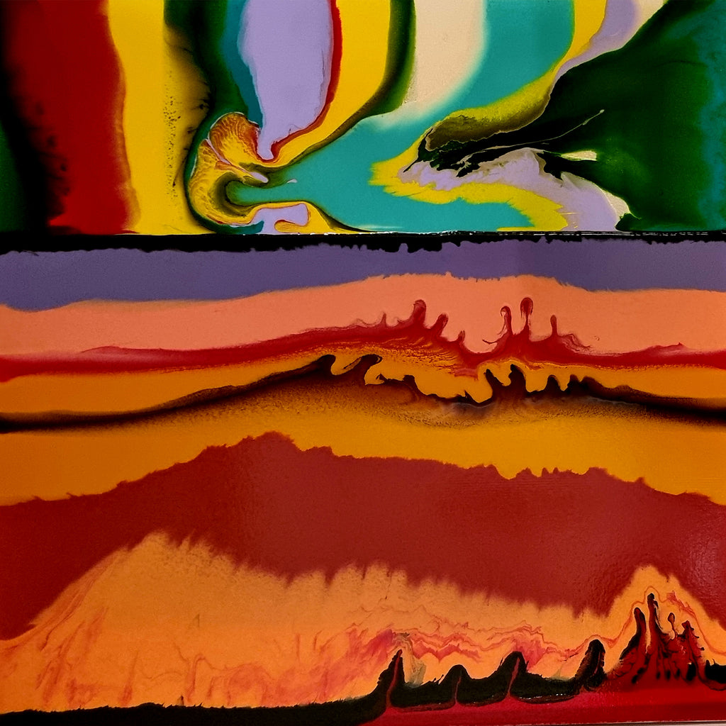 The artwork 'Landscape 2' by Sabrina Puppin features vibrant fluid abstract patterns in two distinct sections. The upper portion displays swirling forms in emerald green, turquoise, yellow, and purple, while the lower section showcases warm sunset-like layers in orange, red, and burgundy with wave-like formations. Created using synthetic glazes on 24x24 inch canvas. By Sabrina Puppin.
