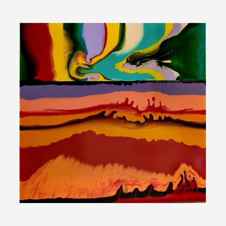 The artwork 'Landscape 2' features vibrant fluid layers in warm orange and red tones resembling a desert landscape, contrasted with swirling emerald, yellow, and turquoise patterns in the sky. The abstract composition suggests a dramatic sunset with flowing, organic forms created using synthetic glazes on canvas. By Sabrina Puppin.