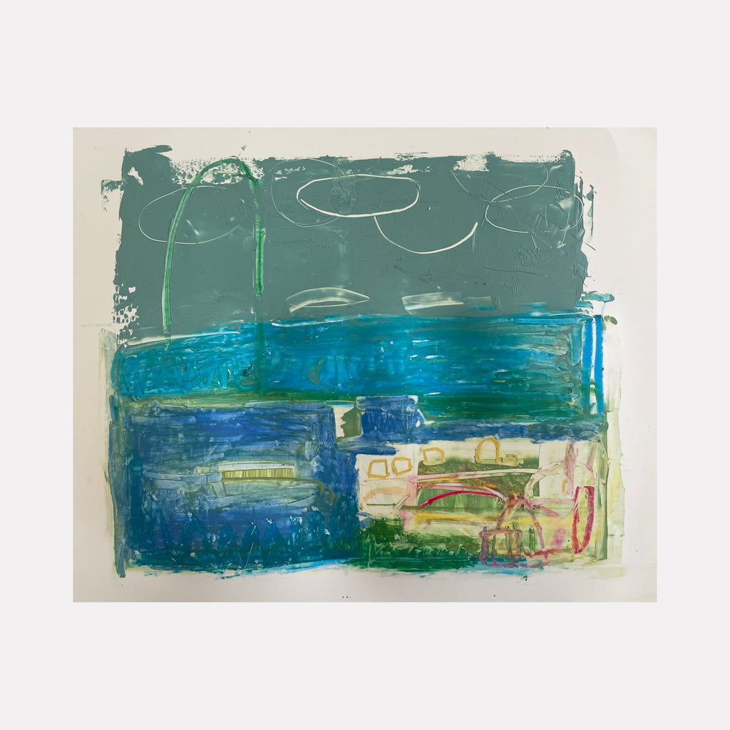 The artwork 'Landscape 4.6.21' by Janice La Motta features abstract layers of teal, turquoise, and deep blue oil pastels on Yupo paper. The composition suggests a horizon line with gestural marks in the upper portion and more defined geometric shapes in lower section. Textural brushstrokes create a dynamic, atmospheric effect across the 9x12 inch surface by Janice La Motta.