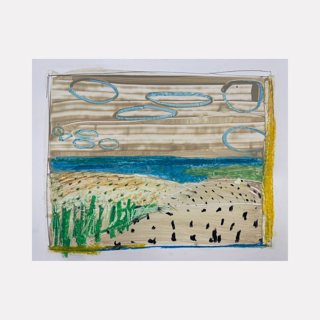 The artwork 'Landscape 5.6.21' by Janice La Motta features abstract beachscape with turquoise oval clouds floating in a taupe sky. Green coastal vegetation frames a sandy shore dotted with black marks, meeting a vibrant blue ocean horizon. Created in oil pastel on Yupo paper, the piece captures a whimsical coastal atmosphere. By Janice La Motta.