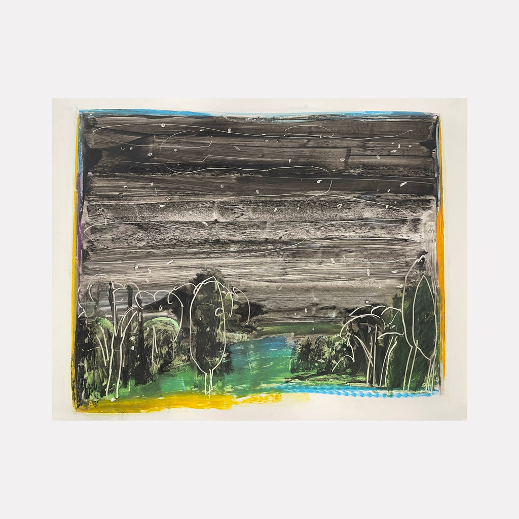 The artwork 'Landscape 7.6.21' by Janice La Motta features an abstract landscape with darkened stormy skies rendered in charcoal grays, set above a vibrant strip of emerald green meadow and yellow ground. Stylized trees line the horizon in gestural black strokes, creating a moody atmosphere. Oil pastel on Yupo paper captures textural elements through scratched and layered marks. By Janice La Motta.