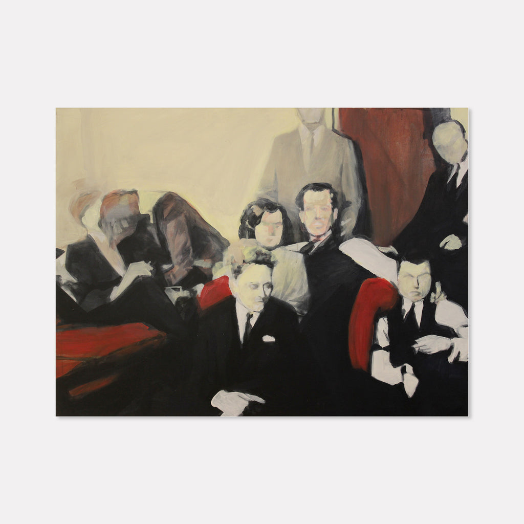 The artwork 'Late' by Chris Baily depicts a stylized group in formal attire seated in a dimly lit setting. The composition features bold contrasts of black suits against deep red upholstery and cream-colored backgrounds, painted in expressive brushstrokes with acrylic on canvas. The atmospheric scene evokes a mid-century social gathering with minimalist color palette and sophisticated ambiance. By Chris Baily.