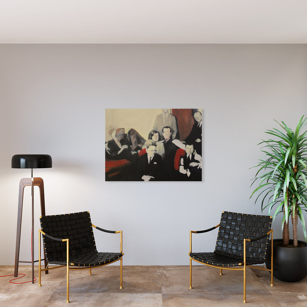 The artwork 'Late' by Chris Baily features a vintage-style monochromatic composition with figures depicted in dramatic black, white, and red tones on a cream background. The abstract expressionist acrylic painting showcases blurred, atmospheric forms creating a sense of movement and nostalgia. Displayed at 36x48 inches, the artwork hangs above stylish black woven leather chairs in a modern interior setting.
