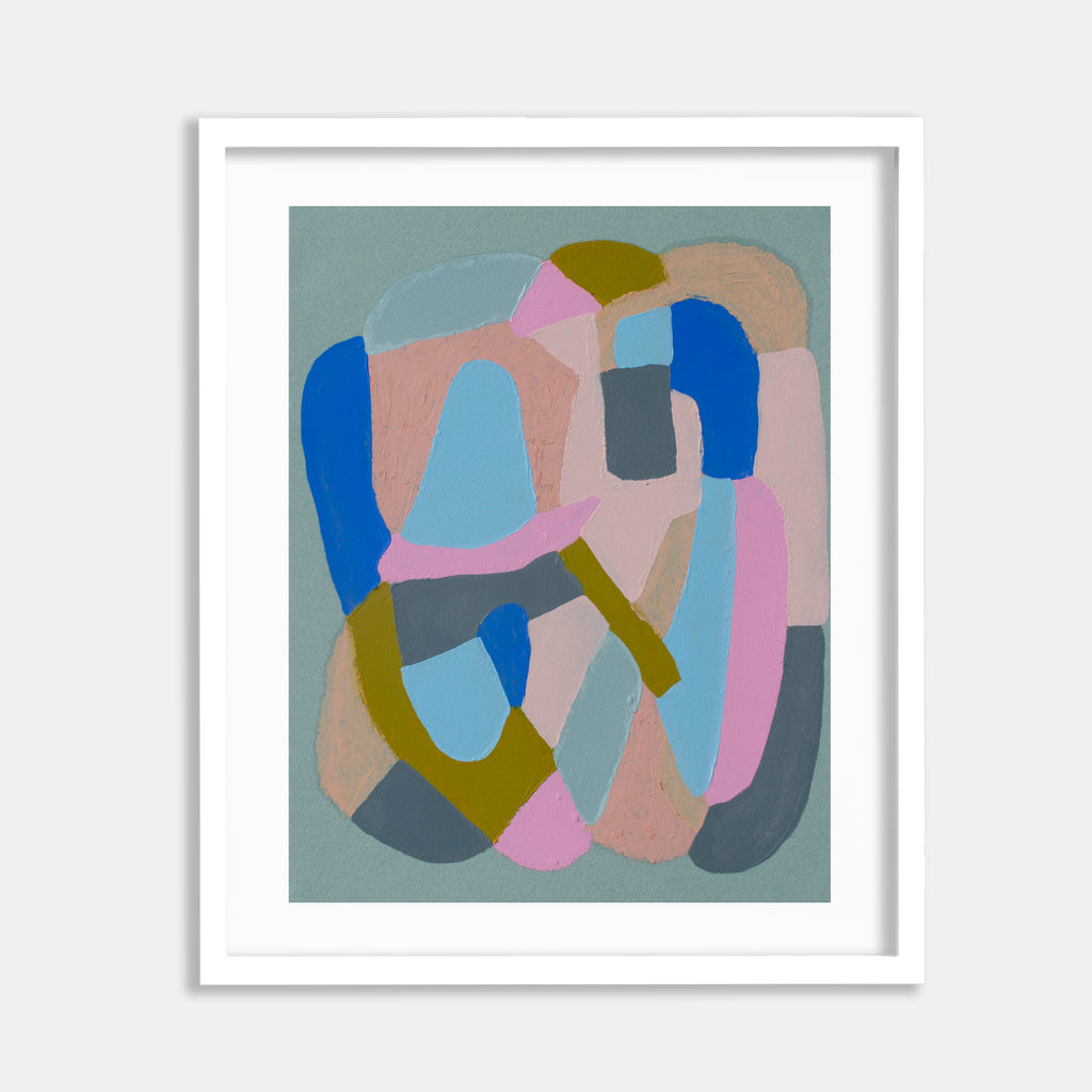 The artwork 'Lavender But There Is No Lavender' by Alicia Little features an abstract composition of overlapping organic shapes in soft pink, vibrant blue, olive green, and gentle gray against a muted sage background. The oil and oil pastel piece creates a harmonious interplay of curved forms and subtle color transitions, framed in classic white.