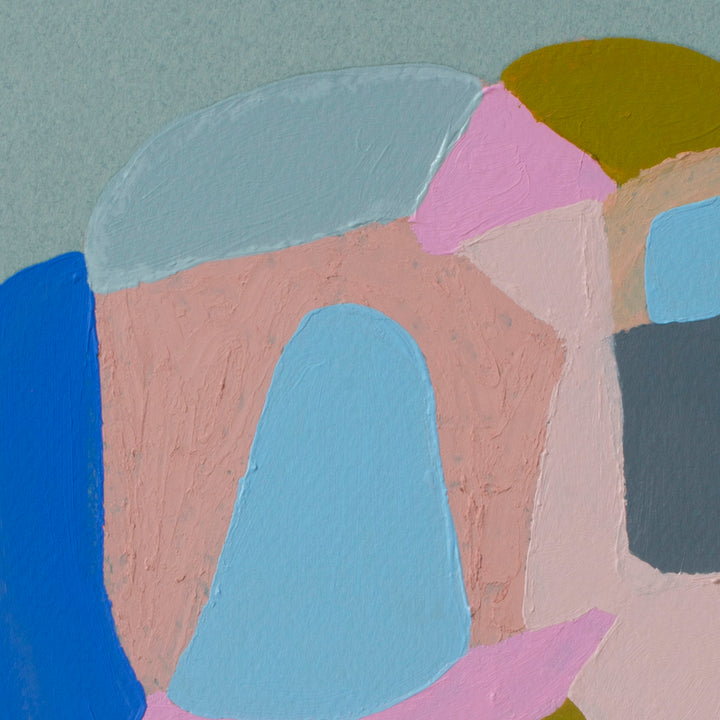 The artwork 'Lavender But There Is No Lavender' by Alicia Little features abstract geometric shapes in pastel and bold colors, including salmon pink arches, cobalt blue blocks, and soft mint curves. The oil and oil pastel composition creates a textured, modern aesthetic with carefully balanced color harmonies on paper.