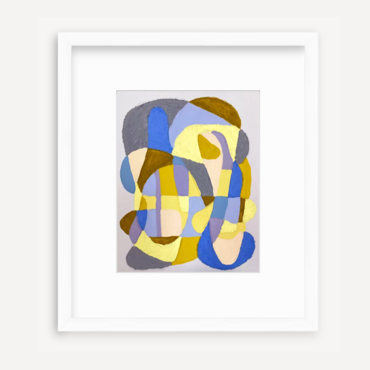 The artwork 'Lavender and Yellow on Lavender' by Alicia Little features abstract geometric shapes in bold blue, yellow, and gray tones. The composition showcases curved and angular forms intersecting to create a dynamic pattern. Created with oil pastel and gouache on paper, the piece displays a modern, cubist-inspired style in an 11x8.5 inch format.