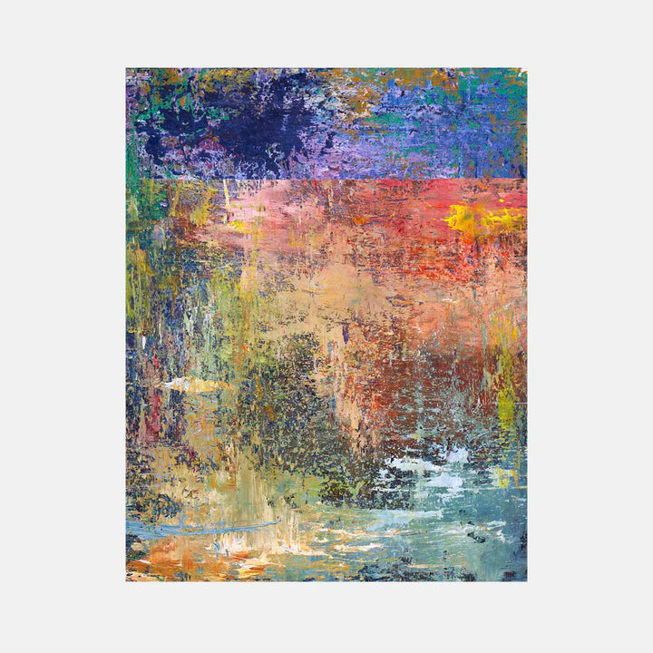The artwork 'Lay' by Jacqueline Ferrante features a vibrant abstract composition with textured layers of acrylic paint on Dura-Lar. Deep navy blues blend into coral pinks and sage greens, creating a weathered, atmospheric effect. The surface appears scratched and distressed, with patches of turquoise and golden yellow emerging through multiple paint layers.