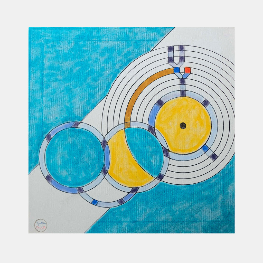 The artwork 'Le Reve' by Gauthier Denoyelle features abstract geometric circles in turquoise and yellow, connected by concentric rings on a split background of vibrant azure blue and light gray. The composition suggests a stylized vinyl record or orbital system, rendered in marker and crayon on canvas with precise linework and bold color blocking.