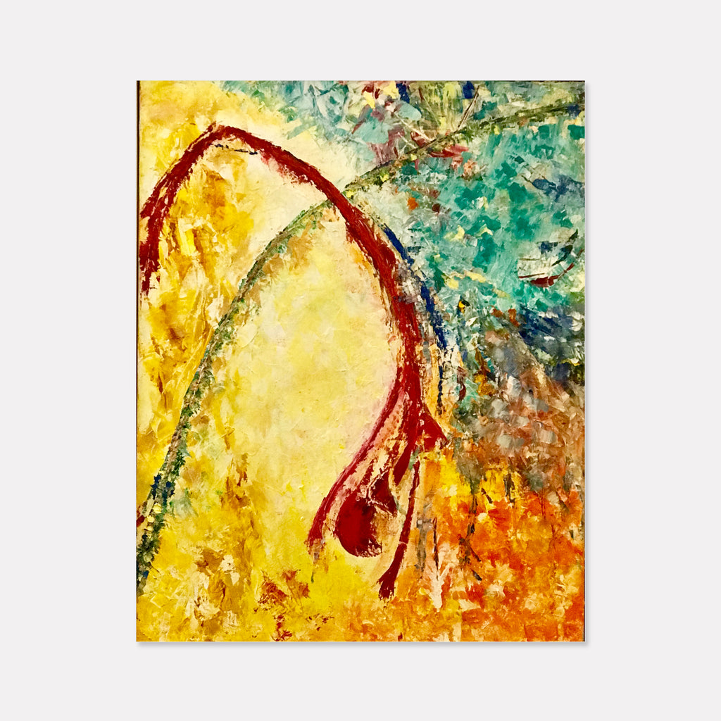 The artwork 'Leap' by Rita BasuMallick features a dynamic burgundy arch sweeping across a vibrant yellow background. Abstract expressionist oil painting with textural brushstrokes blending turquoise and orange hues. The curved form suggests graceful movement against an energetic, multicolored backdrop, rendered in thick impasto technique on canvas.