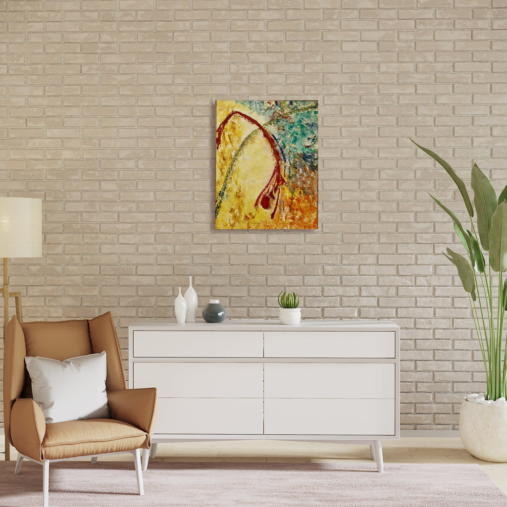 The artwork 'Leap' by Rita BasuMallick features an abstract composition with dynamic curves in rich yellow and burgundy tones, complemented by vibrant turquoise splashes. The painting demonstrates expressive brushwork and textural elements on oil canvas, creating a sense of movement and energy through its flowing, arch-like forms and organic color transitions. By Rita BasuMallick.