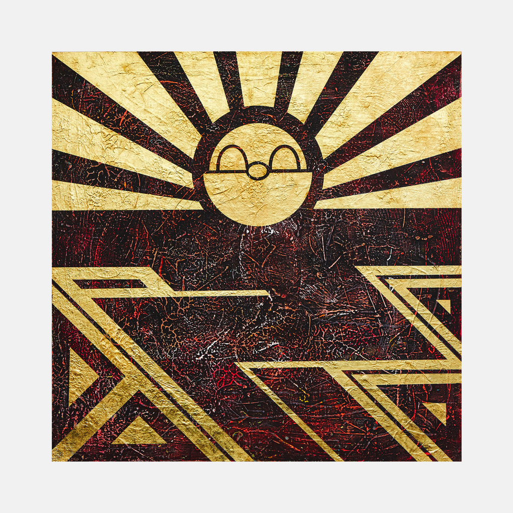 The artwork 'Leap of Faith' by Yusuke Ochiai features a stylized sun with closed eyes radiating golden beams against a dark textured background. Geometric patterns in gold leaf create angular pathways below, suggesting movement and direction. The contrast between rich burgundy textures and metallic gold accents on wood creates a striking contemporary abstract composition.
