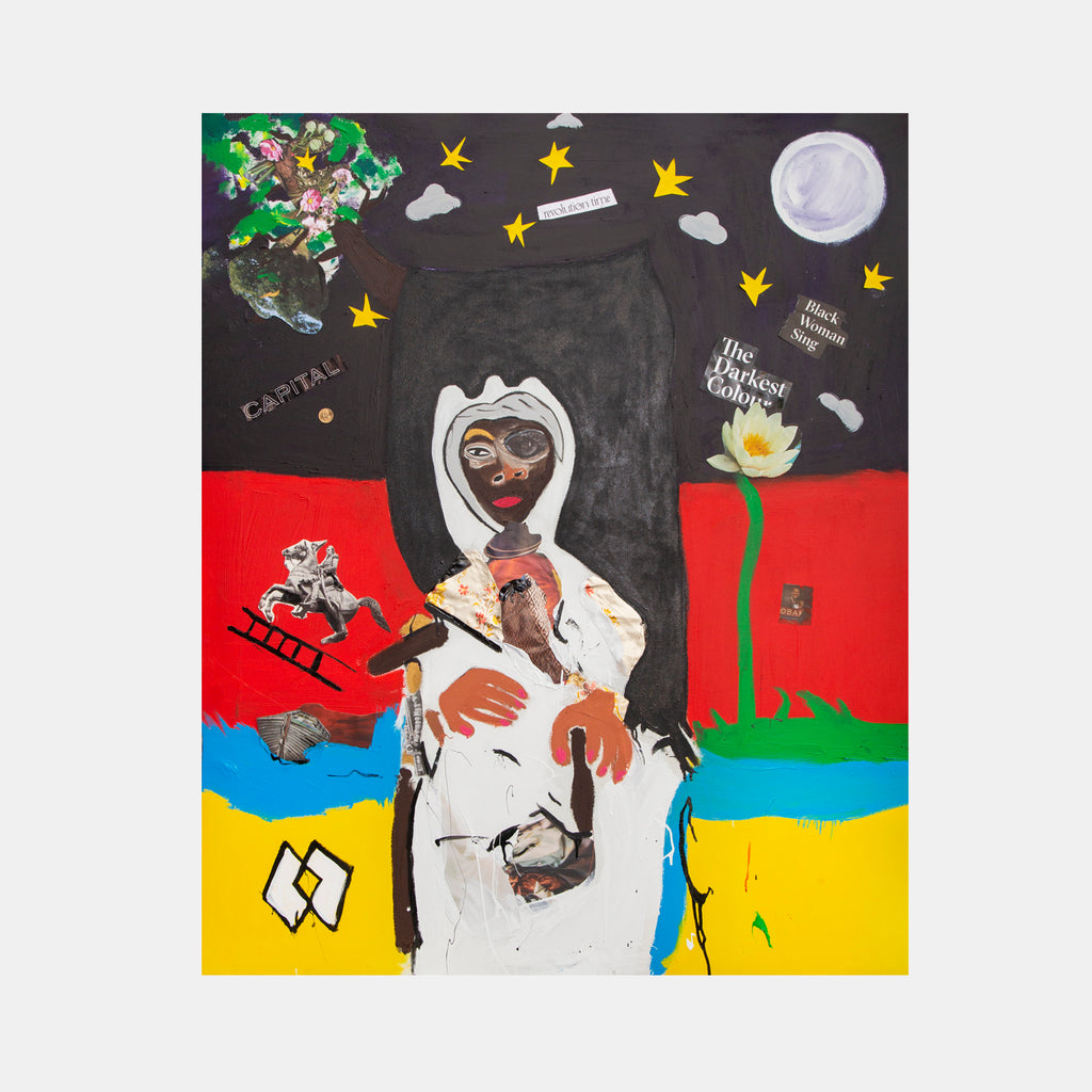 The artwork 'Let Freedom Ring' by Cavier Coleman features a central figure in white against a vibrant color-blocked background of black, red, yellow, and blue. The composition includes whimsical elements like yellow stars, a silver moon, pink blossoms on green branches, and scattered collage elements. The mixed-media piece combines acrylic, enamel, and paper collage on a 60x40 inch canvas by Cavier Coleman.
