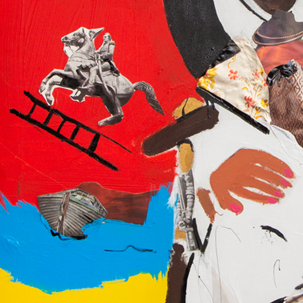 The artwork 'Let Freedom Ring' by Cavier Coleman features a dynamic collage composition with a striking red background contrasting against vibrant blue and yellow sections. A black and white paper cutout of a horse and rider leaps over a ladder motif, creating a powerful sense of movement. The mixed media piece combines acrylic and enamel paint with paper elements on a large 60x40 inch canvas, showcasing bold brushstrokes and contemporary artisti