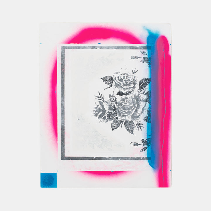 The artwork 'Letter ii' by Troy Medinis features a grayscale rose illustration with delicate floral details, framed in a stark white border. Bold neon pink and electric blue spray paint accents create a vibrant, contemporary contrast around the traditional botanical design. Created using gesso transfer and spray paint techniques on a 10x8 inch surface.