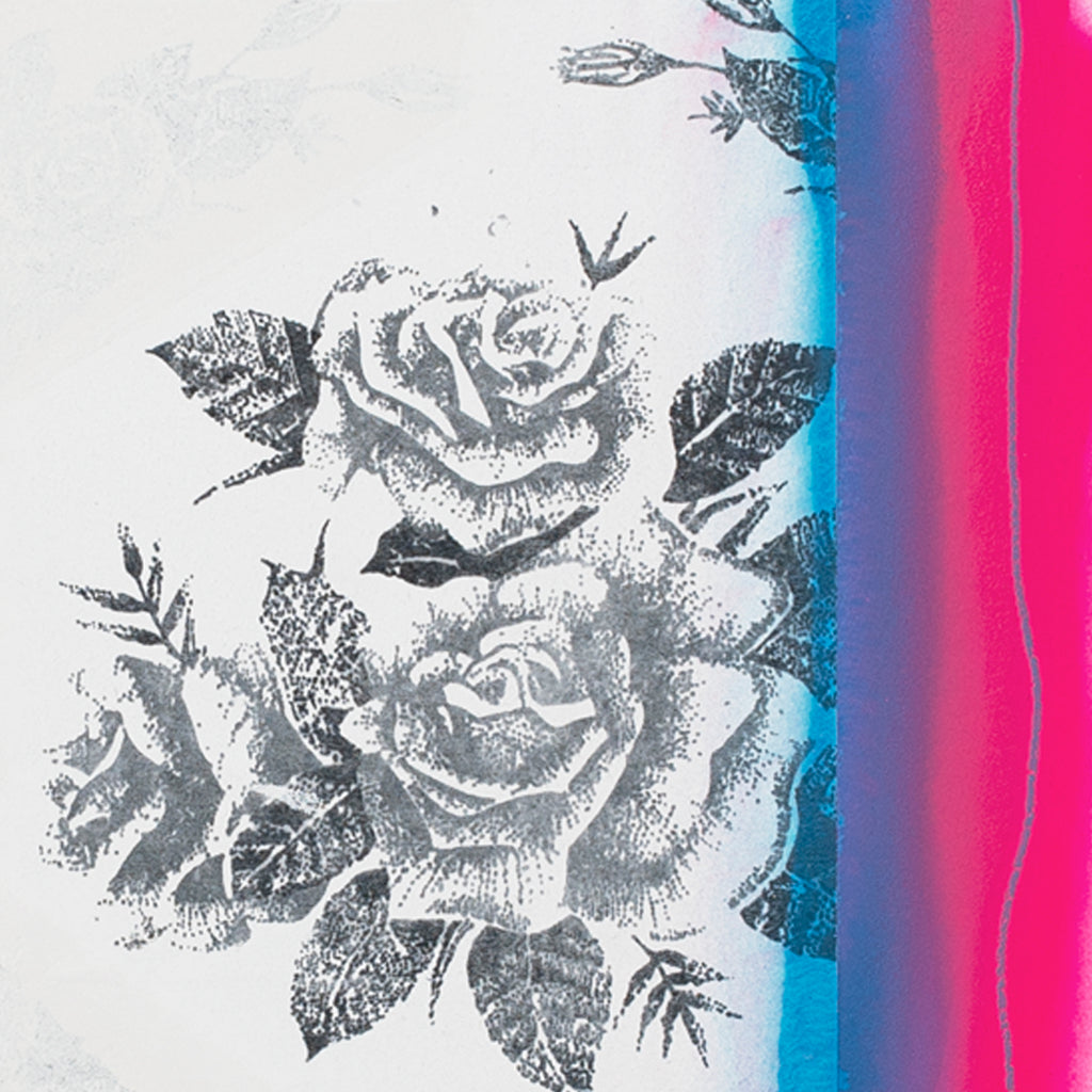 The artwork 'Letter ii' by Troy Medinis features a monochromatic gesso transfer of delicate roses with textured leaves, complemented by vibrant turquoise blue and hot pink spray paint stripes creating a striking contrast. The 10x8 inch piece combines urban street art aesthetics with botanical elegance.