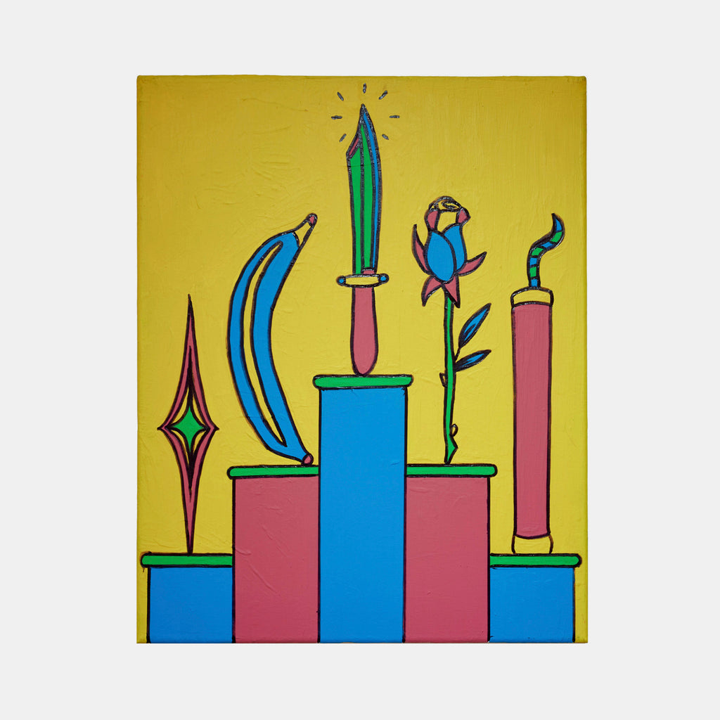 The artwork 'Levels' features geometric blocks in blue and pink arranged as ascending platforms against a vibrant yellow background. A whimsical composition includes a decorative sword, curved moon shape, abstract star, small bird, and candle, all rendered in bold colors using latex paint and marker. A playful, pop art style painting by Marco DaSilva.