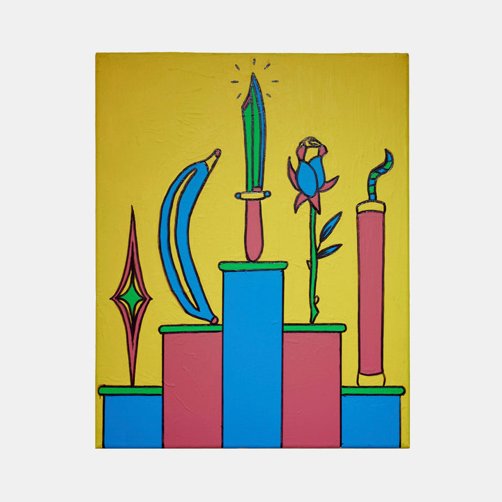 The artwork 'Levels' features geometric blocks in blue and pink arranged as ascending platforms against a vibrant yellow background. A whimsical composition includes a decorative sword, curved moon shape, abstract star, small bird, and candle, all rendered in bold colors using latex paint and marker. A playful, pop art style painting by Marco DaSilva.