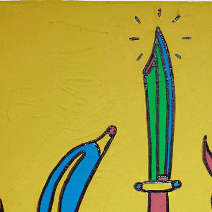 The artwork 'Levels' by Marco DaSilva features vibrant blue and green elongated shapes against a bright yellow background. A striking vertical sword-like form in turquoise and emerald stands prominently, outlined in black marker, with a pink handle and radiating energy lines. The textured canvas surface shows the raw application of latex paint, creating a bold contemporary aesthetic.