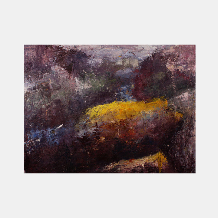 The artwork 'Lichen I' by Jacqueline Ferrante features an abstract landscape with rich, textural brushstrokes in deep purples and burgundies, punctuated by a striking golden yellow form. The mixed media painting combines acrylics with textural elements, creating a moody, atmospheric composition with dynamic movement and organic forms reminiscent of natural lichen formations.