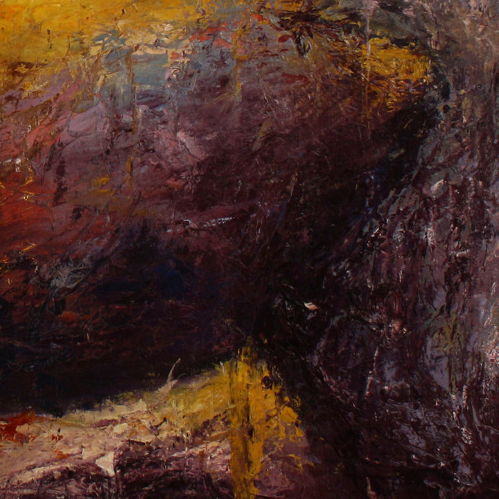 The artwork 'Lichen I' by Jacqueline Ferrante features a dynamic abstract composition with rich burgundy and deep purple tones contrasting against vibrant golden yellow accents. The textured surface, created with acrylic and mixed media, exhibits an organic, lichen-like pattern with rough, layered brushstrokes creating depth and movement across the canvas.