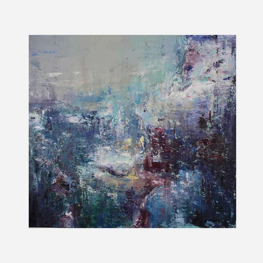 The artwork 'Lichen III' by Jacqueline Ferrante features an abstract composition with deep oceanic blues and burgundy tones blending into misty grays and whites. Textured brushstrokes create a dynamic surface reminiscent of weathered surfaces and natural formations, while ethereal layers of paint suggest atmospheric depth and organic movement. Mixed media elements add dimensional complexity.