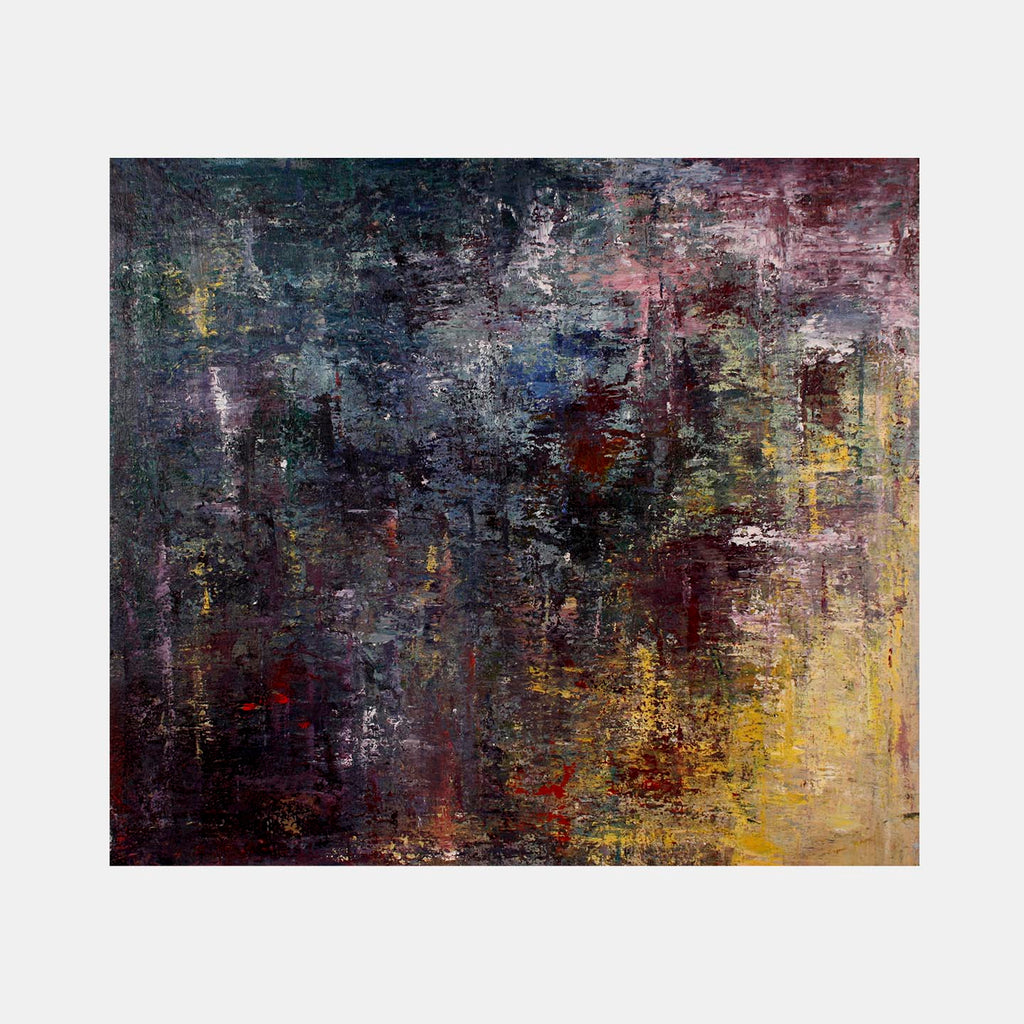 The artwork 'Lichen V' by Jacqueline Ferrante features a rich abstract composition with textured layers of deep navy, burgundy, and golden yellow. The surface appears weathered and distressed, reminiscent of aged walls or natural lichen formations, with subtle color transitions and expressive brushwork creating depth and atmosphere on canvas.
