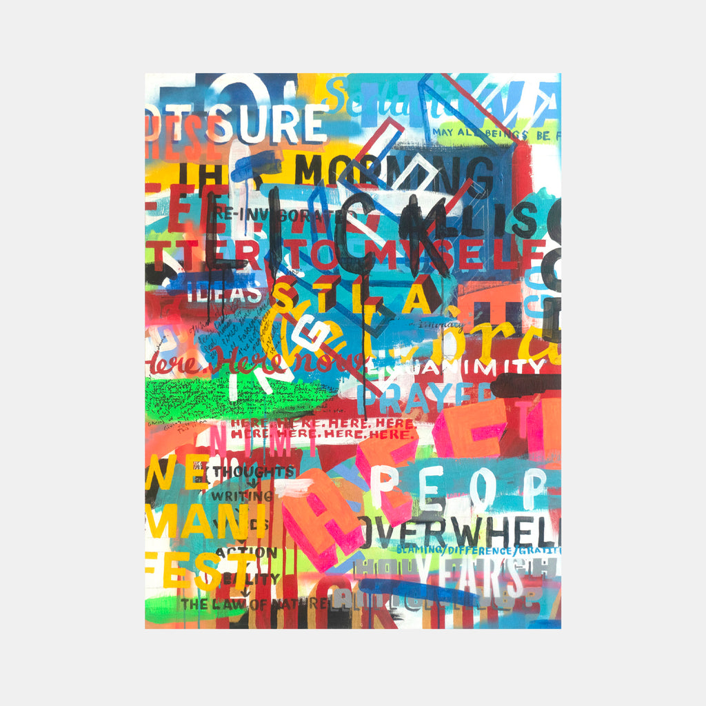 The artwork 'Lick' by Pablo A. Medina features a vibrant urban art composition with overlapping typographic elements in bold colors including red, blue, yellow, and green. Abstract letterforms and text fragments create a dynamic graffiti-style collage effect on wood panel, executed in acrylic and spray paint with layered, street art aesthetic. Words peek through layers of energetic brushstrokes and spray techniques creating visual rhythm and move