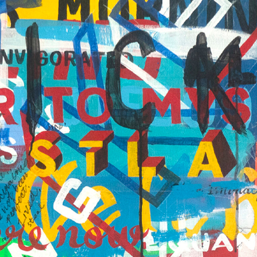 The artwork 'Lick' by Pablo A. Medina features vibrant urban-style typography and graffiti elements layered against a turquoise background. Abstract letterforms in bold red, yellow, blue, and black create a dynamic street art composition. The acrylic and spray paint on wood panel showcases a contemporary neo-expressionist style with overlapping text fragments and energetic brushstrokes. - Pablo A. Medina