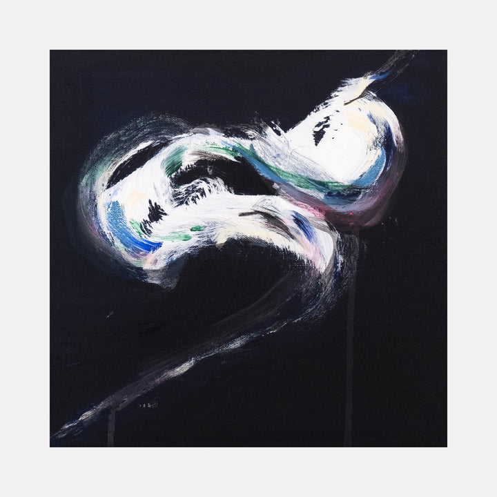 The artwork 'Light Speed' by Kristin Gaudio Endsley features dynamic swirling brushstrokes in white, turquoise, and blue against a deep black background. Abstract fluid forms create a sense of movement and cosmic energy, reminiscent of a celestial nebula or light trail. The 12x12 inch acrylic painting combines bold gestural marks with ethereal color blending by Kristin Gaudio Endsley.