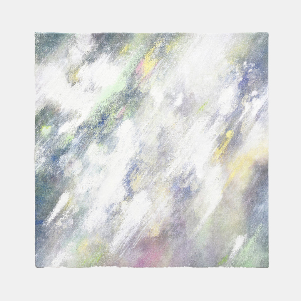The artwork 'Lights' by Takashi Harada features dynamic diagonal brushstrokes in ethereal pastels, blending whites, soft blues, and subtle yellows in an abstract expressionist style. Delicate color transitions create a misty, atmospheric effect using acrylic and cray pastel on cotton canvas, suggesting movement and illumination through textured layers.