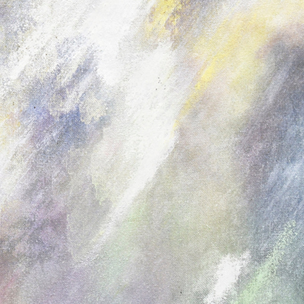 The artwork 'Lights' by Takashi Harada features ethereal diagonal brushstrokes blending soft yellows, whites, and blues in an abstract expressionist style. Delicate pastel undertones and misty textures create a luminous, atmospheric effect on cotton canvas, suggesting natural light filtering through clouds or fog. Created with acrylic and cray pastel by Takashi Harada.