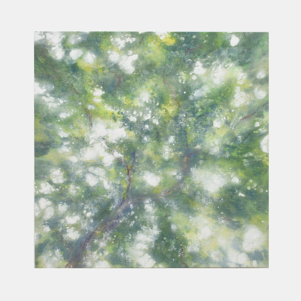 The artwork 'Lights in the Woods' by Takashi Harada captures an ethereal forest canopy with dappled sunlight filtering through leaves. Soft bokeh effects in white and yellow dance among various shades of green foliage, creating a dreamy, impressionistic atmosphere. The acrylic and cray pastel technique on cotton canvas produces a luminous, ethereal quality that evokes a peaceful woodland scene.
