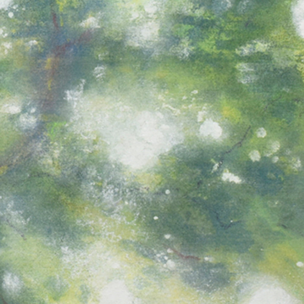 The artwork 'Lights in the Woods' by Takashi Harada features ethereal light beams filtering through a misty forest canopy, rendered in soft green and white hues. Acrylic and cray pastel on cotton create a dreamy, atmospheric effect with delicate brushstrokes and layered textures suggesting dappled sunlight through foliage. By Takashi Harada.
