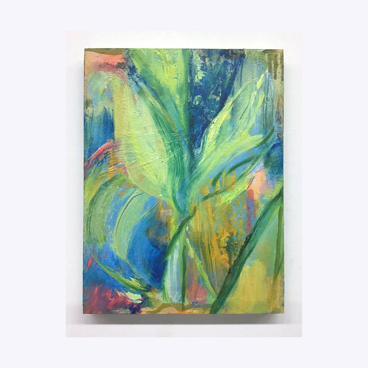The artwork 'Lily' by Molly Herman features vibrant brushstrokes depicting an abstract floral composition in oil on birch. Dynamic green leaves emerge from a blend of deep blues and coral accents, creating a flowing, impressionistic interpretation with rich textural elements and expressive botanical forms. 12x9 inches.
