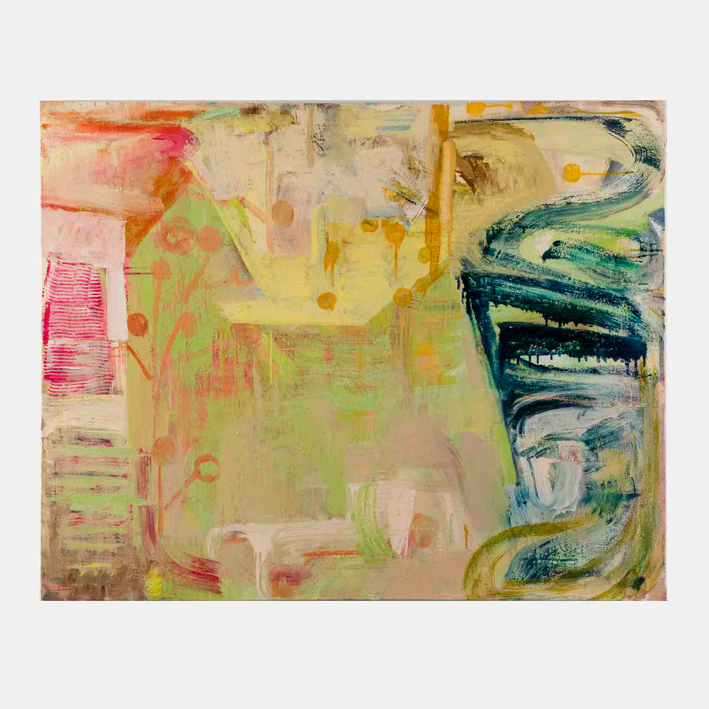 The artwork 'Liminal Puzzle' by Molly Herman features abstract expressionist brushstrokes in soft pastels and bold contrasts. Pink and coral tones merge with sage green, while a dramatic teal swirl dominates the right side. Textured layers of oil paint create depth, with subtle golden dots scattered throughout the 40x50 inch canvas. By Molly Herman.