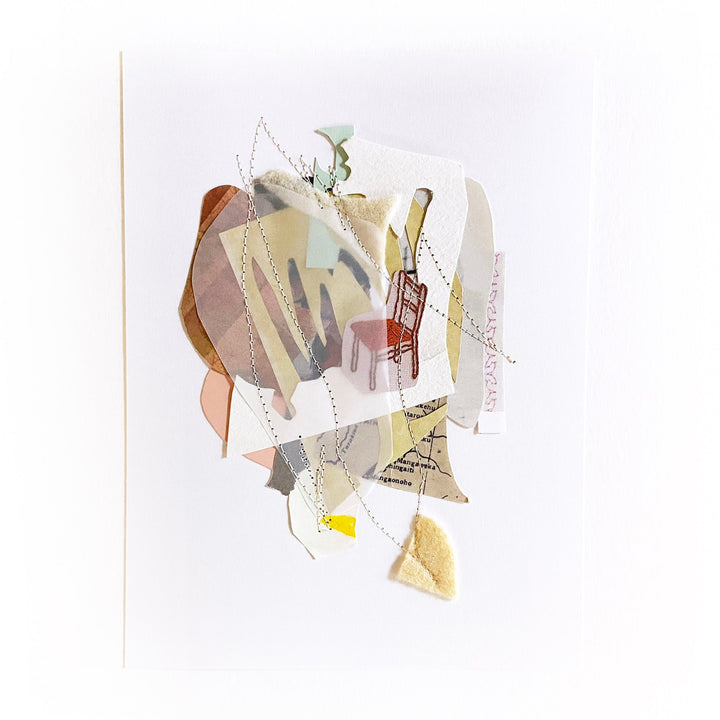 The artwork 'Favorite Chair' by Linden Eller features an abstract mixed media collage composition with layered paper elements in muted tones of brown, grey, and pale yellow. A delicate chair silhouette in reddish-brown appears amid torn paper fragments, dotted lines, and subtle textural elements, creating a dreamy, dimensional arrangement on white paper.