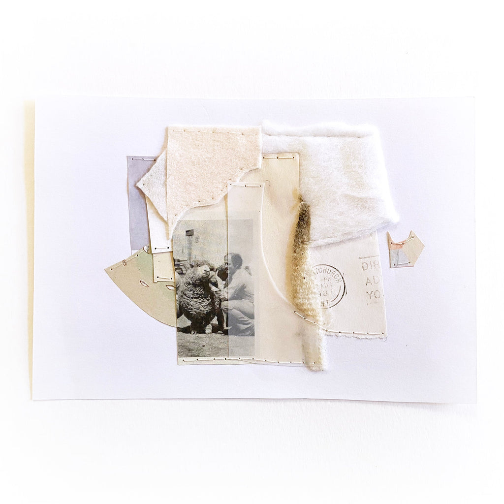 The artwork 'Merino' by Linden Eller features a mixed media collage combining torn paper fragments in muted cream and white tones, incorporating a vintage black and white photograph. Abstract geometric shapes and layered textures create a minimalist composition, with subtle postal markings visible on paper elements. Mixed media on paper, 6x8 inches. By Linden Eller.