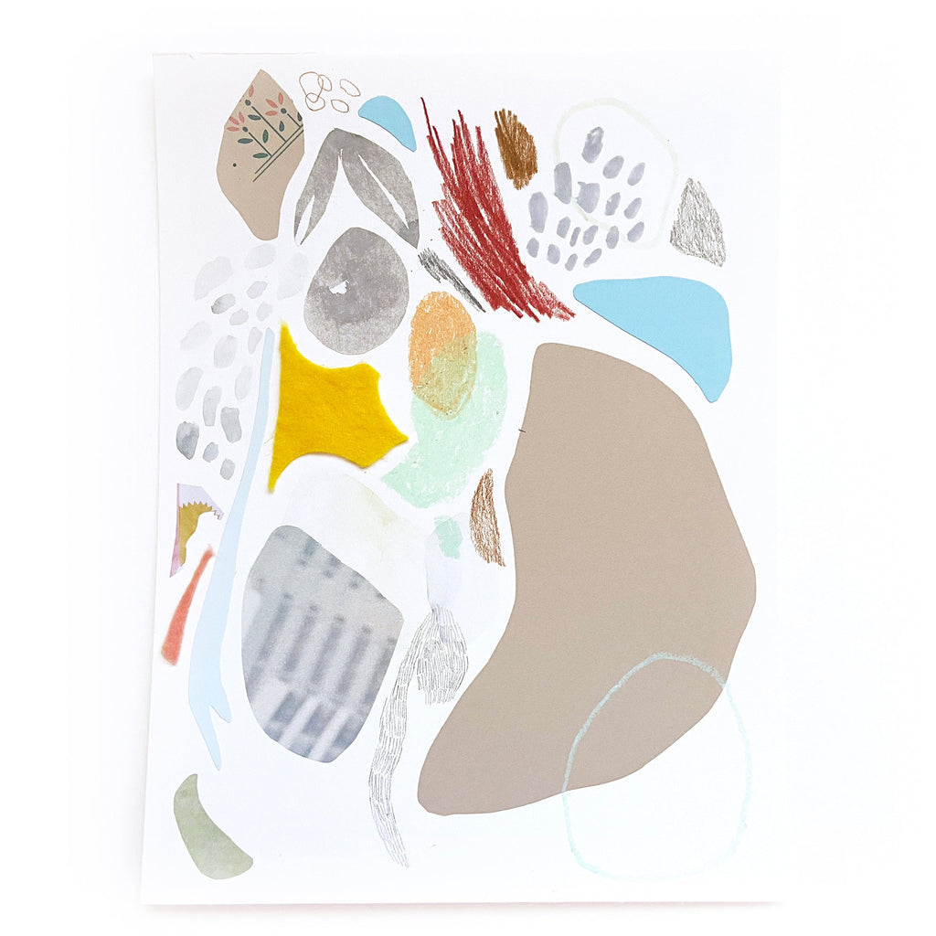 The artwork 'Pathways No 2' by Linden Eller features an abstract composition of organic shapes in mixed media on paper. Soft taupe, vibrant yellow, and gentle blue forms float against a white background, accented with striking red brush strokes and delicate gray patterns. The 12x9 inch piece combines textural elements with fluid, nature-inspired shapes by artist Linden Eller.