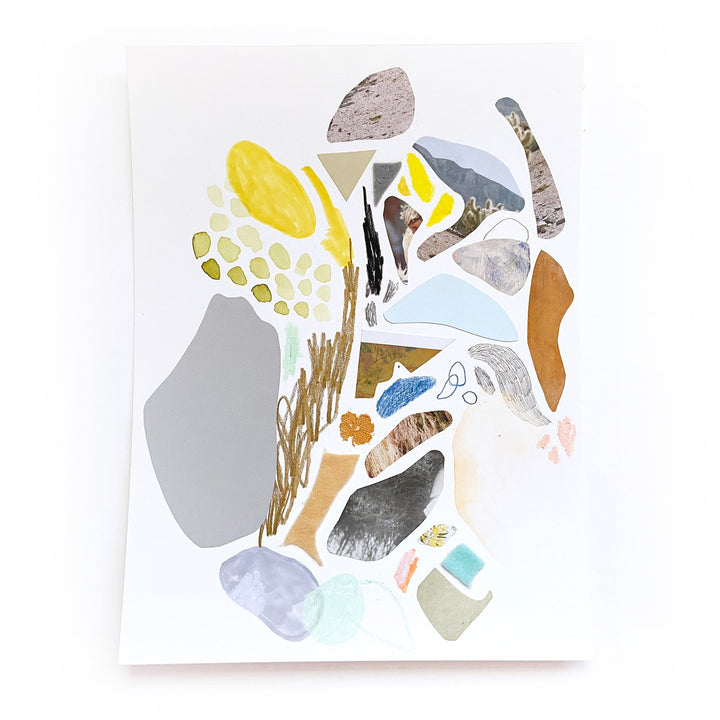 The artwork 'Pathways No 3' by Linden Eller features an abstract collage composition of organic shapes in muted and bright tones, including yellow, gray, brown, and soft blue. The mixed media piece on white paper showcases floating geometric and curved forms arranged in a dynamic, fragmented pattern, creating a sense of movement and spatial depth.