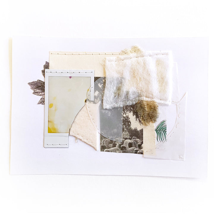 The artwork 'Suffolk No' by Linden Eller features a delicate mixed media collage combining torn paper elements in muted tones of cream, gray, and sepia. Abstract geometric shapes overlap with vintage photographic fragments and subtle green botanical details, creating a layered composition on white paper. The artistic arrangement showcases textural contrasts between smooth and rough surfaces.