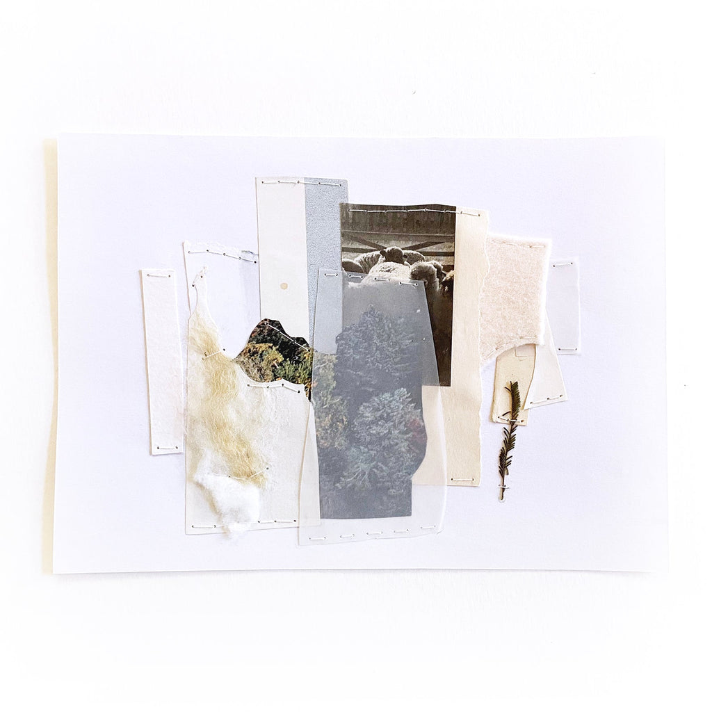 The artwork 'Suffolk No 2' by Linden Eller features a minimalist mixed media collage composition with layered paper fragments in whites and greys. Abstract vertical strips create a geometric arrangement, incorporating textural elements and subtle tonal variations. The 6x8 inch piece combines torn edges and precise cuts, with delicate shadows and weathered surfaces. By Linden Eller.