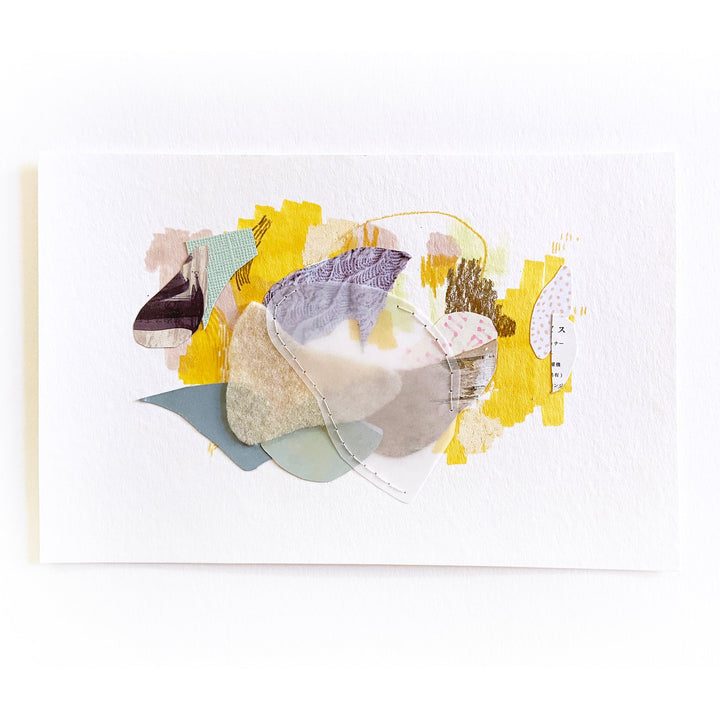 The artwork 'Sun Lace' by Linden Eller features an abstract mixed media composition on white paper, combining delicate pastel tones with vibrant yellow accents. Layered elements include translucent mint green shapes, cream-colored textural pieces, and subtle gray forms, creating a harmonious interplay of organic shapes and soft textures. Size: 6x8 inches. Mixed media on paper by Linden Eller.