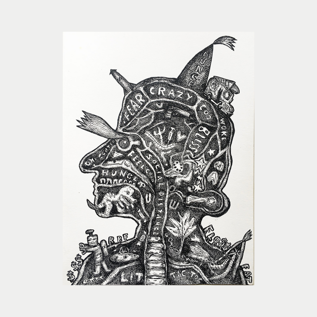 The artwork 'Lit Phrenologist' by Andrew Chan features a black and white ink illustration depicting a stylized head profile with phrenological mapping. The detailed composition showcases intricate line work and text elements within compartmentalized sections, creating a surreal anatomical study rendered in a contemporary artistic interpretation using watercolor and ink techniques. 12x9 inches. By Andrew Chan.