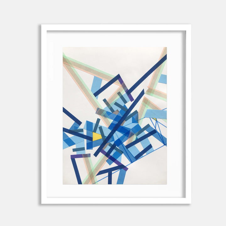 The artwork 'Litospharii Platt 4' by Philippe Halaburda features an abstract geometric composition with intersecting angular shapes in various shades of blue, mint green, and beige. Sharp lines and fragmented forms create a dynamic, modernist aesthetic against a white background, displayed in a white frame.
